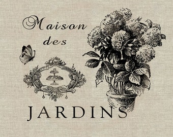 Maison des Jardins Instant Download Digital Image No.106 Iron-On Transfer to Fabric (burlap, linen) Paper Prints (cards, tags)