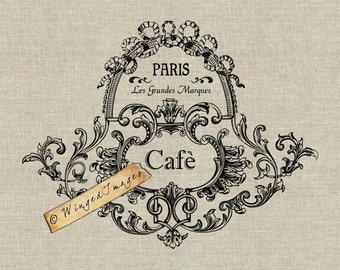 Vintage French Jar Label Cafè. Instant Download Digital Image No.281 Iron-On Transfer to Fabric (burlap, linen) Paper Prints (cards, tags)