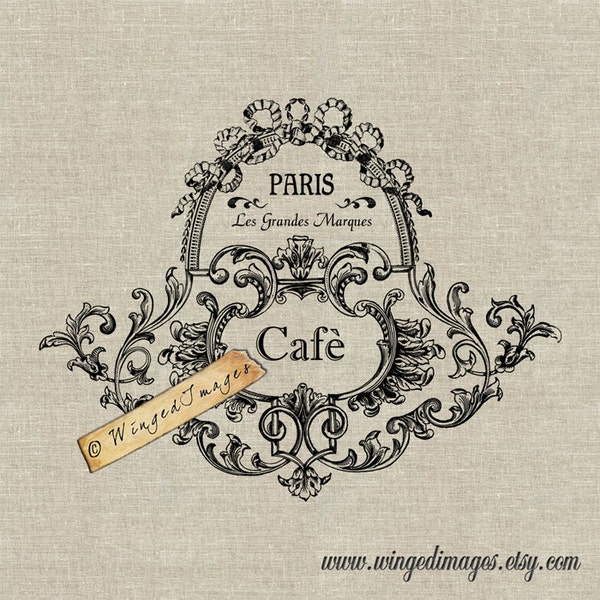 Vintage French Jar Label Cafè. Instant Download Digital Image No.281 Iron-On Transfer to Fabric (burlap, linen) Paper Prints (cards, tags)