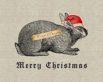 Gorro de Papá Noel de conejito de Navidad. Descarga instantánea Imagen digital No.278 Iron-On Transfer to Fabric (arpillera, lino) Impresiones en papel (tarjetas, etiquetas)