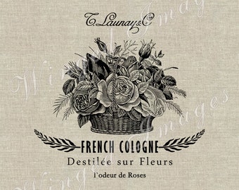 May include: Black and white vintage-style illustration of a basket overflowing with roses and foliage. The text reads "French Cologne" and "Distilled on Flowers". The background is a neutral beige linen texture.