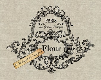 Vintage French Jar Label Flour. Instant Download Digital Image No.423 Iron-On Transfer to Fabric (burlap, linen) Paper Prints (cards, tags)