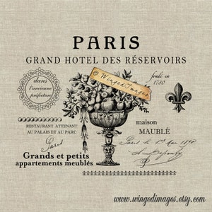 Rótulo alterado do hotel francês de Paris. Download instantâneo de imagem digital No.213 Transferência com ferro para tecido (serapilheira, linho) Impressões em papel (cartões, etiquetas