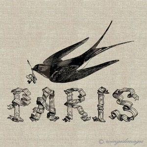 Paris Hirondelle Ruban Script Téléchargement instantané Image numérique n° 56 Transfert thermocollant sur tissu (toile de jute, lin) Impressions papier (cartes, étiquettes)