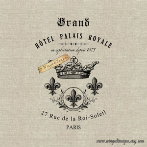 Paris French Hotel Royal Crown Instant Download Digital Image No.257 Iron-On Transfer naar stof (jute, linnen) Papierafdrukken (kaarten, tags)