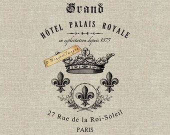 Paris French Hotel Royal Crown Instant Download Digital Image No.257 Iron-On Transfer to Fabric (burlap, linen) Paper Prints (cards, tags)