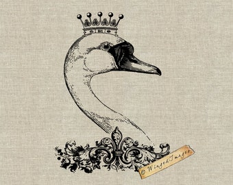 Royal Swan. Instant Download Digital Image No.60 Iron-On Transfer to Fabric (burlap, linen) Paper Prints (cards, tags)