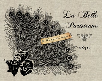Peacock Fan (La Belle Parisienne) Instant Download Digital Image No.15 Iron-On Transfer to Fabric (burlap, linen) Paper Prints (cards, tags)