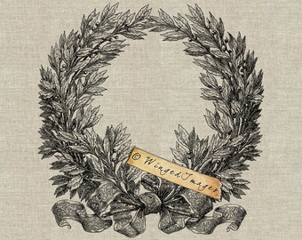 May include: A black and white illustration of a laurel wreath with a decorative bow. The wreath is made of leaves and berries. A banner with the text "Winged Images" is across the bottom. The background is a light beige.
