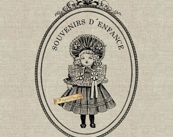 May include: Black and white illustration of a young girl wearing a dress and a large hat. The text "SOUVENIRS D'ENFANCE" is written in a circle around the girl.