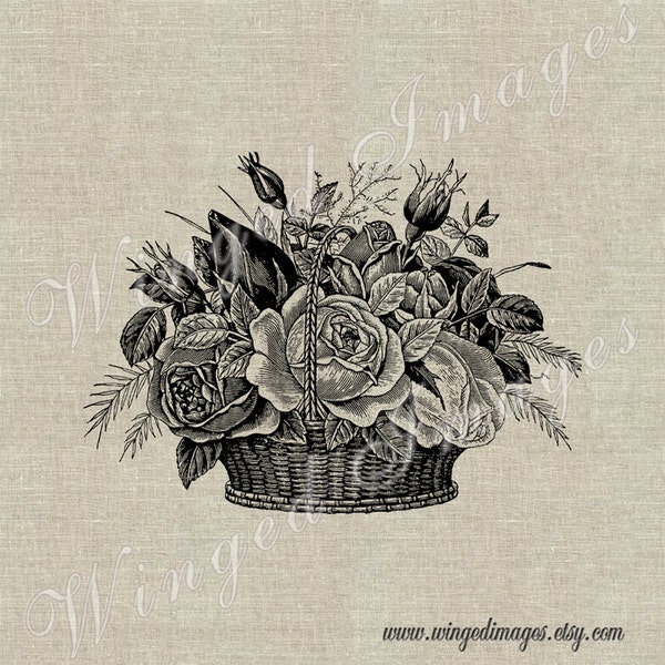 Vintage Basket of Roses Instant Download Digital Image No.321 Iron-On Transfer to Fabric (burlap, linen) Paper Prints (cards, tags)