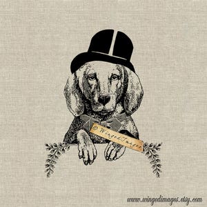 Top Hat Hund Sofort Download Digitales Bild Nr.161 Bügelbild auf Stoff (Burlap, Leinen) Papier Drucke (Karten, Tags)