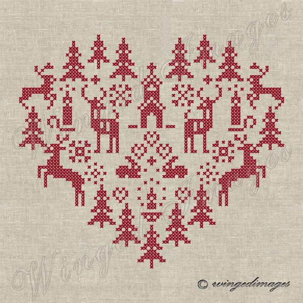 Christmas Heart Cross Stitch Motif Instant Download Digital Image No.151 Iron-On Transfer to Fabric (burlap linen) Paper Prints (cards tags)