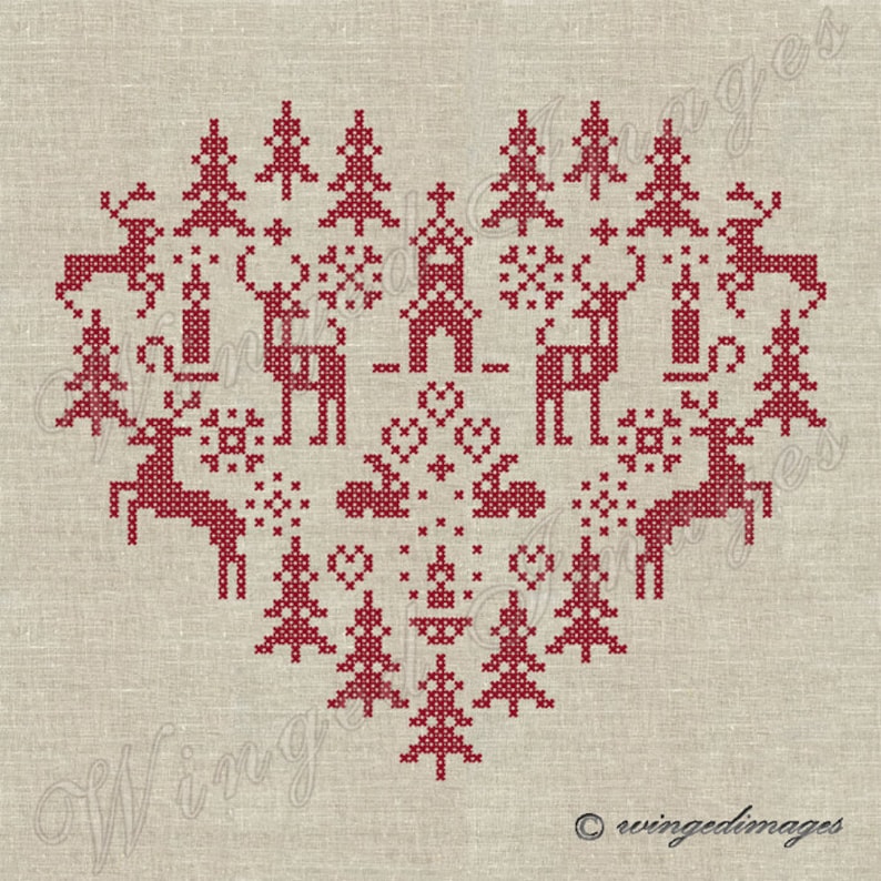 Christmas Heart Cross Stitch Motif Instant Download Digital Image No.151 Iron-On Transfer to Fabric burlap linen Paper Prints cards tags image 1