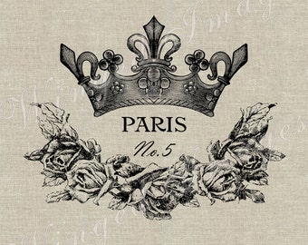 Paris Crown and Rose Wreath Instant Download Digital Image No.61 Iron-On Transfer to Fabric (burlap, linen) Paper Prints (cards, tags)