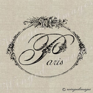 Paris Word Floral Script Sofort Download Digitales Bild Nr.160 Bügelbild auf Stoff (Burlap, Leinen) Papier Drucke (Karten, Tags)