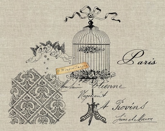 French Vintage Bird Cage. Instant Download Digital Image No.353 Iron-On Transfer to Fabric (burlap, linen) Paper Prints (cards, tags)