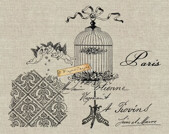 Jaula de pájaros vintage francesa. Descarga instantánea Imagen digital No.353 Iron-On Transfer to Fabric (arpillera, lino) Impresiones en papel (tarjetas, etiquetas)