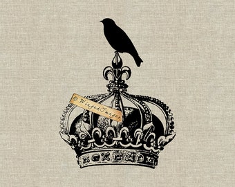 Shabby French Crown and Bird. Instant Download Digital Image No.78 Iron-On Transfer to Fabric (burlap, linen) Paper Prints (cards, tags)