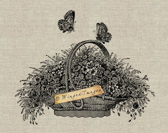 Basket of Summer Flowers Instant Download Digital Image No.266 Iron-On Transfer to Fabric (burlap, linen) Paper Prints (cards, tags)