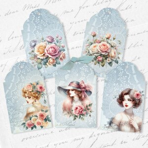 Etiquetas de regalo vintage románticas Shabby Chic para damas y rosas. Hoja de collage digital de descarga instantánea n.º 429