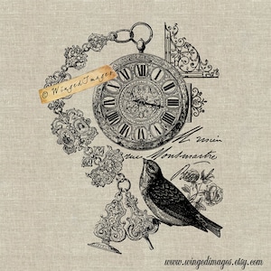 Antique French Pocket Watch Bird Instant Download Digital Image No.35 Iron-On Transfer to Fabric (burlap, linen) Paper Prints (cards, tags)