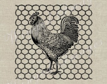 Rooster, Chicken Wire. Instant Download Digital Image No.316 Iron-On Transfer to Fabric (burlap, linen) Paper Prints (cards, tags)