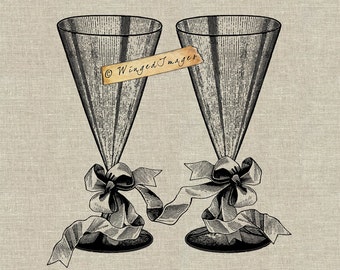 Champagne Glasses. Instant Download Digital Image No.265 Iron-On Transfer to Fabric (burlap, linen) Paper Prints (cards, tags)