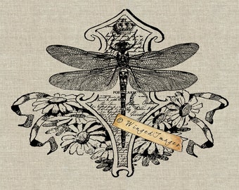 Fondo botánico de la vendimia de la libélula. Descarga instantánea Imagen digital No.49 Iron-On Transfer to Fabric arpillera lino Paper Prints cards tags