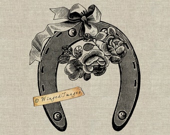 Antique Victorian Flowers Horseshoe Instant Download Digital Image No313 Iron-On Transfer to Fabric (burlap linen) Paper Prints (cards tags)