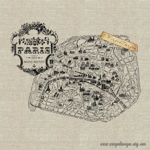 Mapa vintage de Paris Download instantâneo digital Imagem digital No.75 Transferência com ferro para tecido (serapilheira, linho) Impressões em papel (cartões, etiquetas)