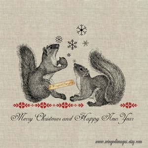 Frohe Weihnachten Niedliche Eichhörnchen. Sofort Download Digitales Bild Nr.364 Bügelbild auf Stoff ( Sackleinen, Leinen) Papier Drucke (Karten, Tags)