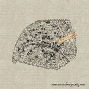 Mapa vintage de Paris Download instantâneo digital Imagem digital No.422 Transferência com ferro para tecido (serapilheira, linho) Impressões em papel (cartões, etiquetas)