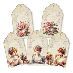 May include: Five vintage-style gift tags with a tea party theme. Each tag features a different design with delicate floral patterns, teacups, and ladies in vintage dresses. The tags are perfect for adding a touch of elegance to gifts.