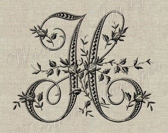 Antique French Monogram Letter H Instant Download Digital Image No.224 Iron-On Transfer to Fabric (burlap, linen) Paper Prints (cards, tags)