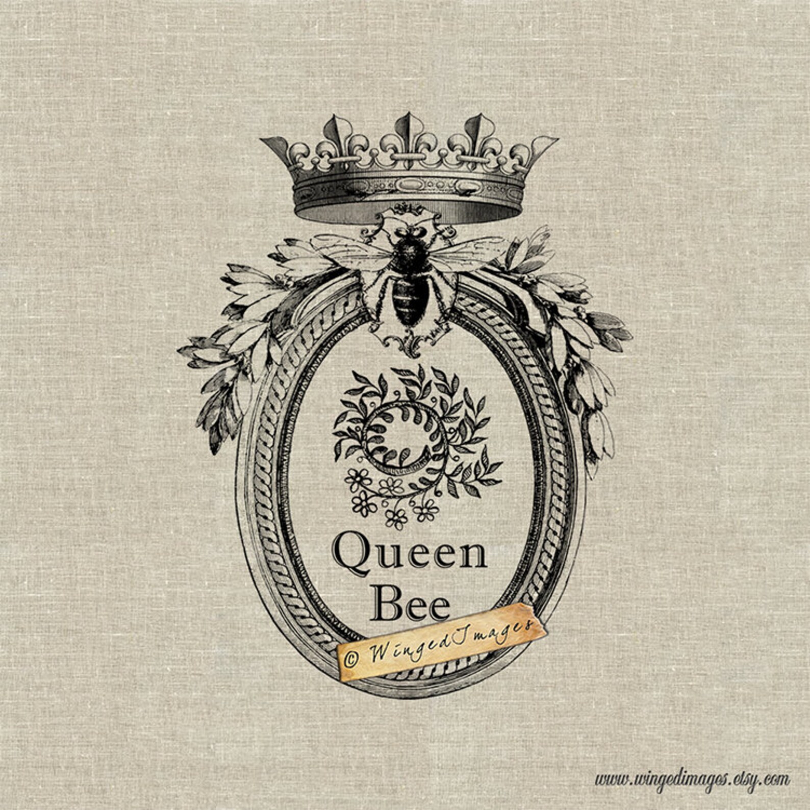 Queen Bee. Instant Download Digital Image No.236 Iron-on Transfer to Fabric burlap, Linen Paper ...