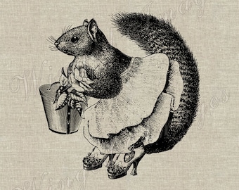 Squirrel Lady. Instant Download Digital Image No.304 Iron-On Transfer to Fabric (burlap, linen) Paper Prints (cards, tags)