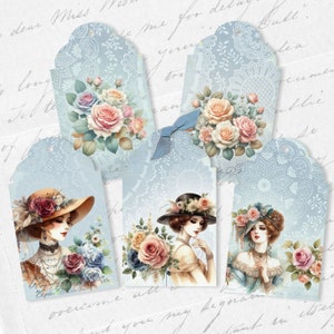 Etiquetas de regalo vintage románticas y elegantes para damas y rosas. Descarga instantánea de hoja de collage digital No.428