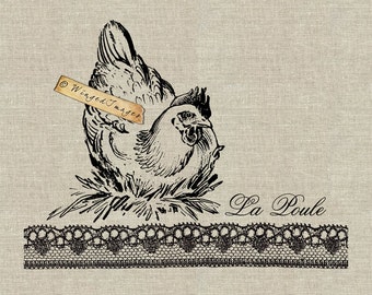 La Poule. French Hen Nest Instant Download Digital Image No.97 Iron-On Transfer to Fabric (burlap, linen) Paper Prints (cards, tags)