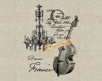 Antique French Musical Instrument Instant Download Digital Image No 34 Iron-On Transfer to Fabric (burlap, linen) Paper Prints (cards, tags)