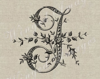Antique French Monogram Letter J Instant Download Digital Image No.226 Iron-On Transfer to Fabric (burlap, linen) Paper Prints (cards, tags)