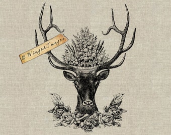 Deer with Flowers Instant Download Digital Image No.263 Iron-On Transfer to Fabric (burlap, linen) Paper Prints (cards, tags)