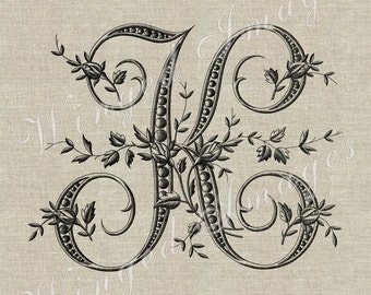 Antique French Monogram Letter K Instant Download Digital Image No.227 Iron-On Transfer to Fabric (burlap, linen) Paper Prints (cards, tags)