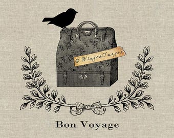Bon Voyage. Instant Download Digital Image No.403 Iron-On Transfer to Fabric (burlap, linen) Paper Prints (cards, tags)