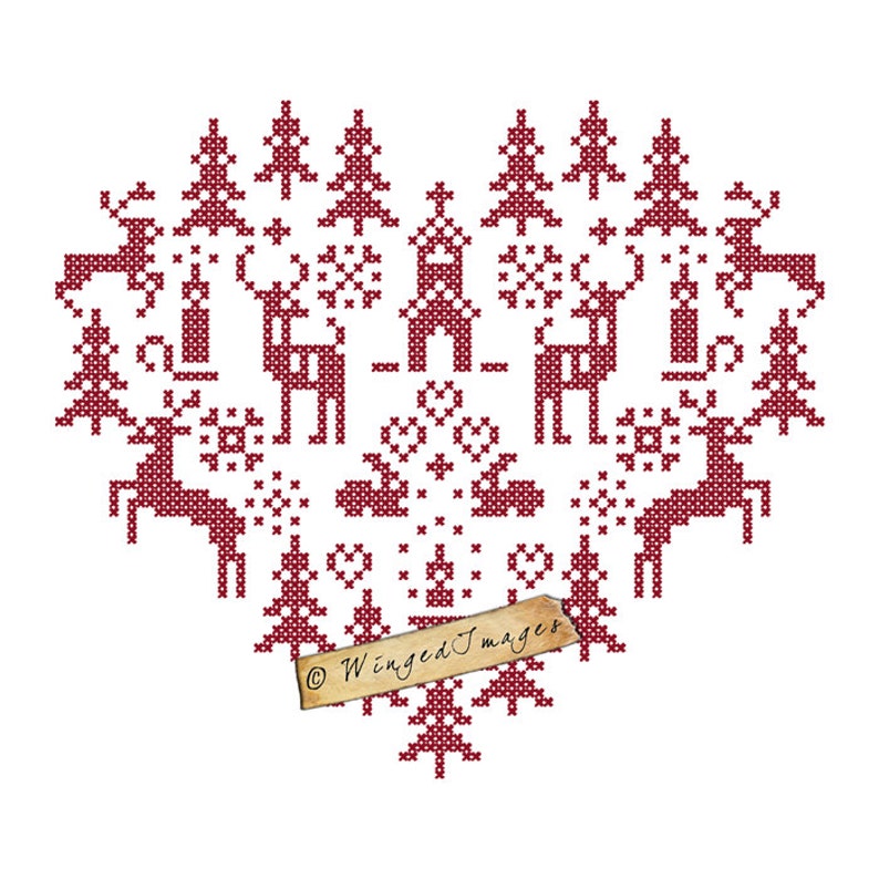 Christmas Heart Cross Stitch Motif Instant Download Digital Image No.151 Iron-On Transfer to Fabric burlap linen Paper Prints cards tags image 2