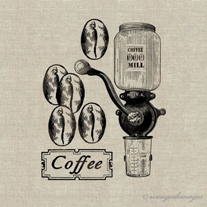 May include: Black and white illustration of a vintage coffee grinder with a jar of coffee beans labeled "Coffee Mill". There are four coffee beans falling from the jar into the grinder. A sign below the grinder reads "Coffee".
