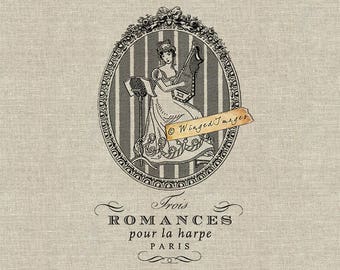 Vintage Lady Playing Harp. Instant Download Digital Image No.413 Iron-On Transfer to Fabric (burlap, linen) Paper Prints (cards, tags)