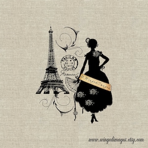 Silhouette donna Torre Eiffel Parigi Download istantaneo Immagine digitale No.48 Trasferimento termoadesivo su tessuto (lino di juta) Stampe su carta (carte tag)