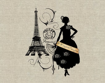 Woman Silhouette Eiffel Tower Paris Instant Download Digital Image No.48 Iron-On Transfer to Fabric (burlap linen) Paper Prints (cards tags)