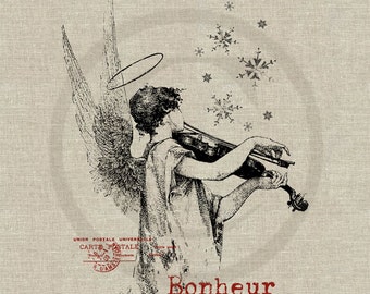 Christmas Angel Playing Violin Instant Download Digital Image No.152 Iron-On Transfer to Fabric (arpillera, lino) Impresiones en papel (tarjetas, etiquetas)